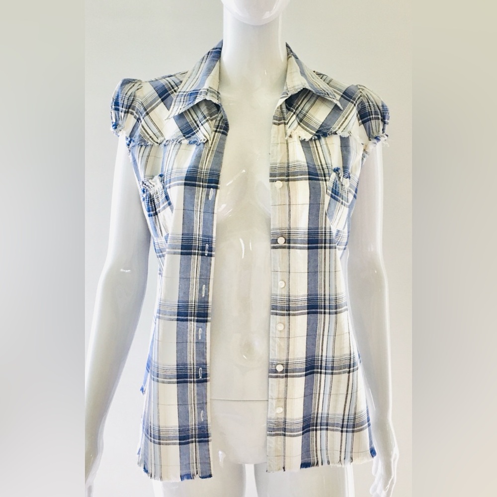 No Boundaries Blue White Plaid Fitted Cap Sleeve Button Down Cotton Shirt NWOT